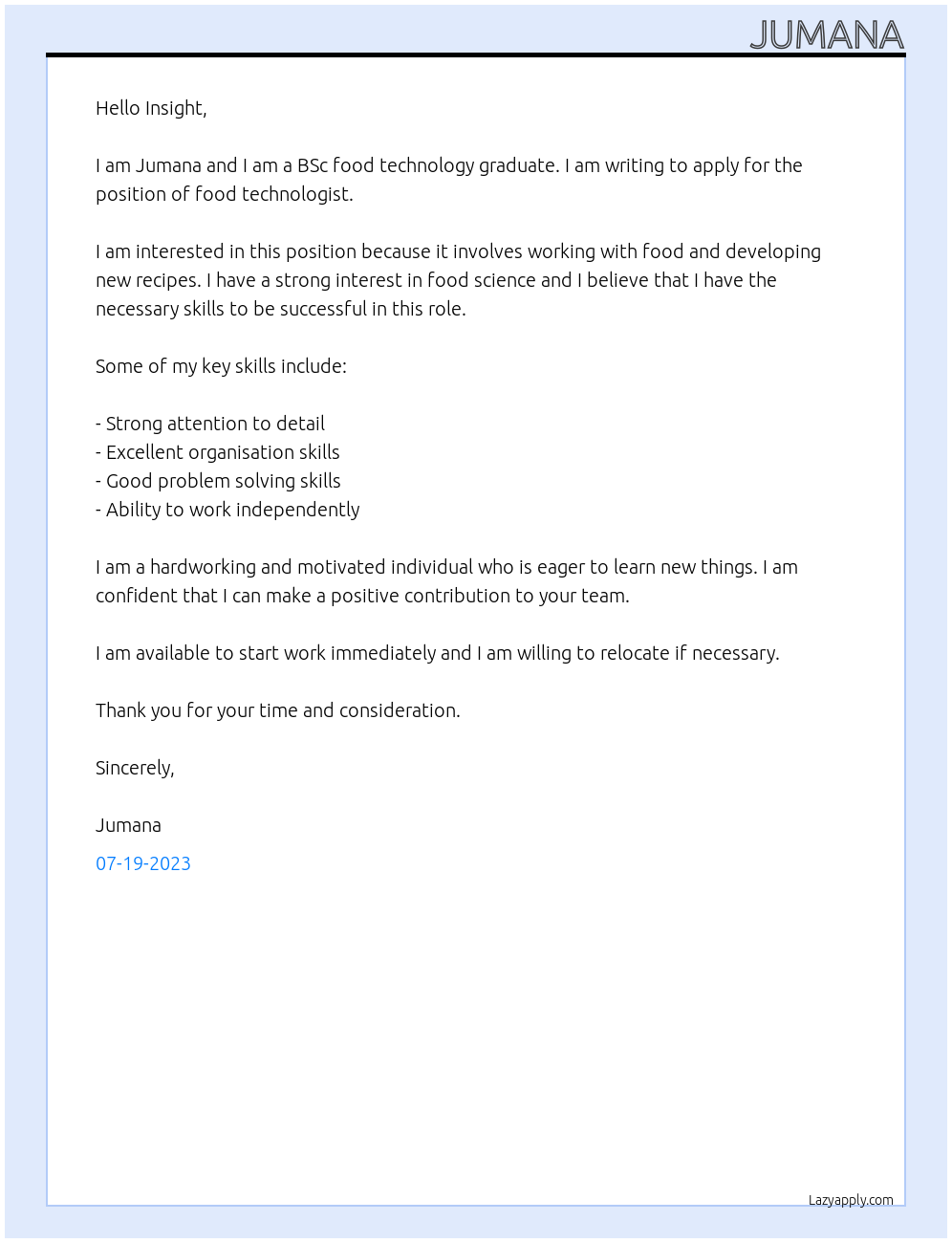 Food technologist  At Insight  Cover Letter