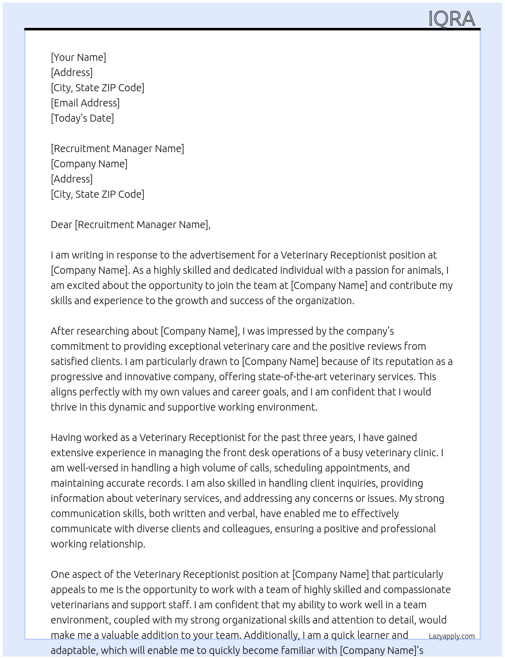 Veterinary receptionist At IVC evidensia Cover Letter