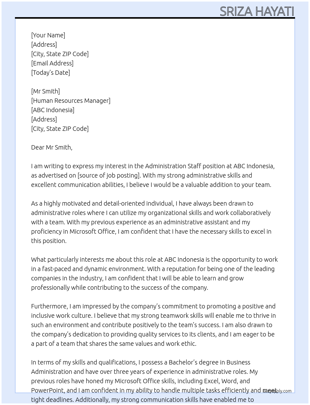 Administration Staff At Abc Indonesia  Cover Letter