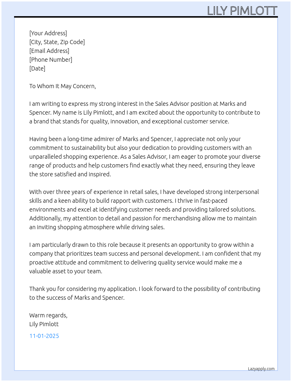 Sales Advisor At Marks and Spencers Cover Letter