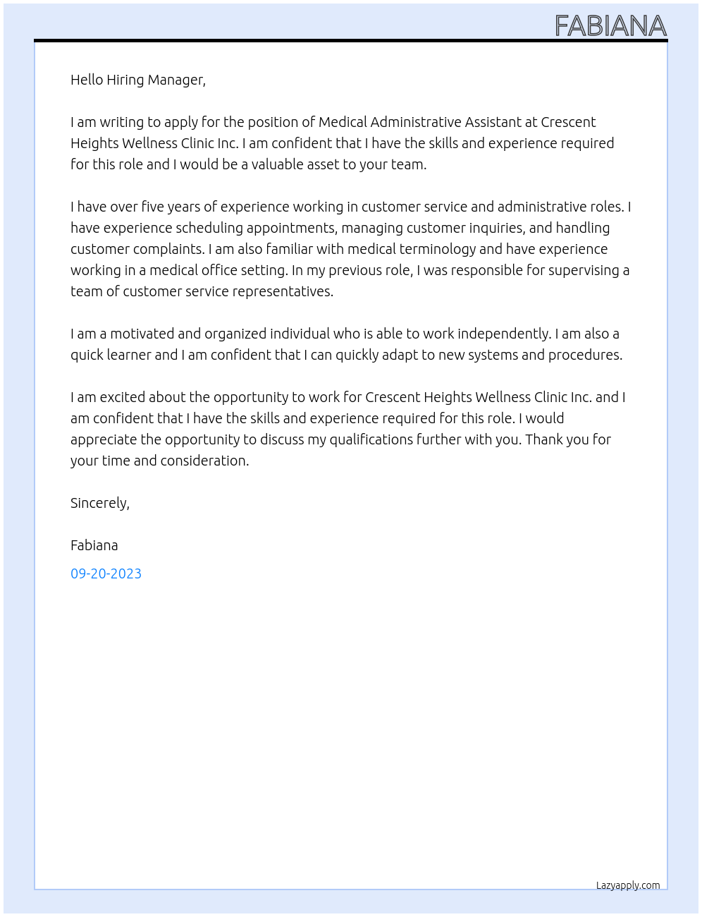 Medical administrative assistant At Crescent Heights Wellness Clinic Inc Cover Letter