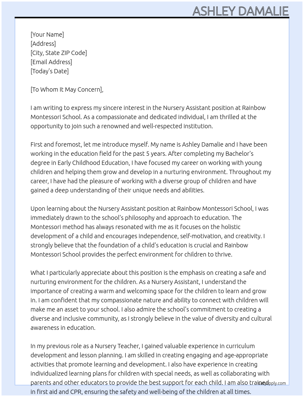 Nursery assistant At Rainbow Montessori school Cover Letter
