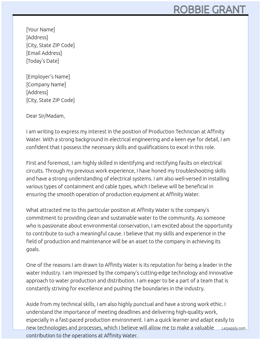 Production technician At Affinity Water Cover Letter
