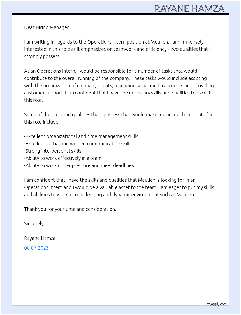 Operations Intern At Meulien Cover Letter