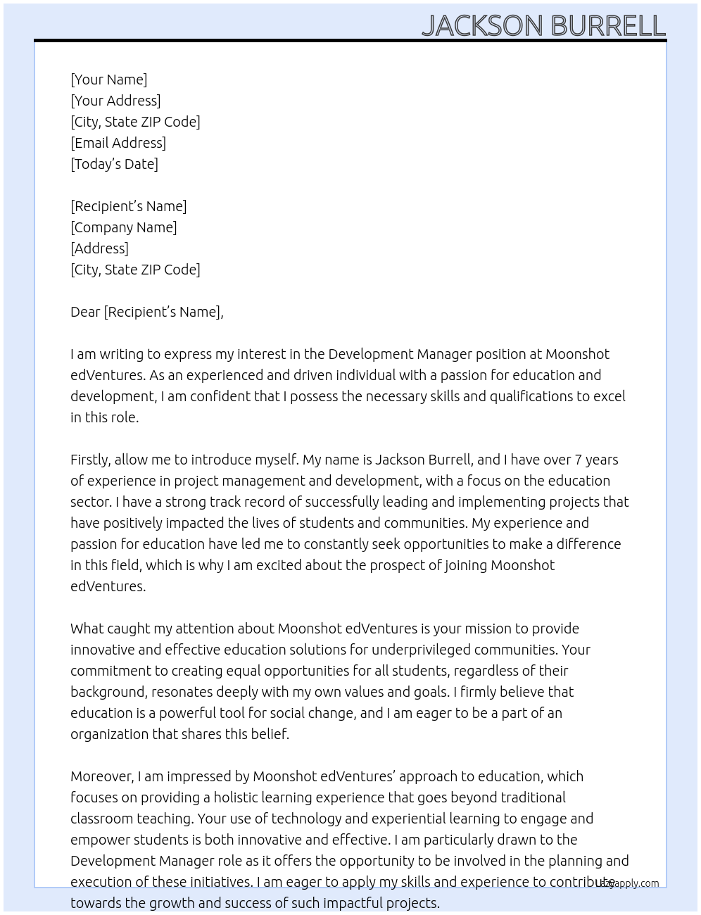Development Manager At Moonshot edVentures Cover Letter