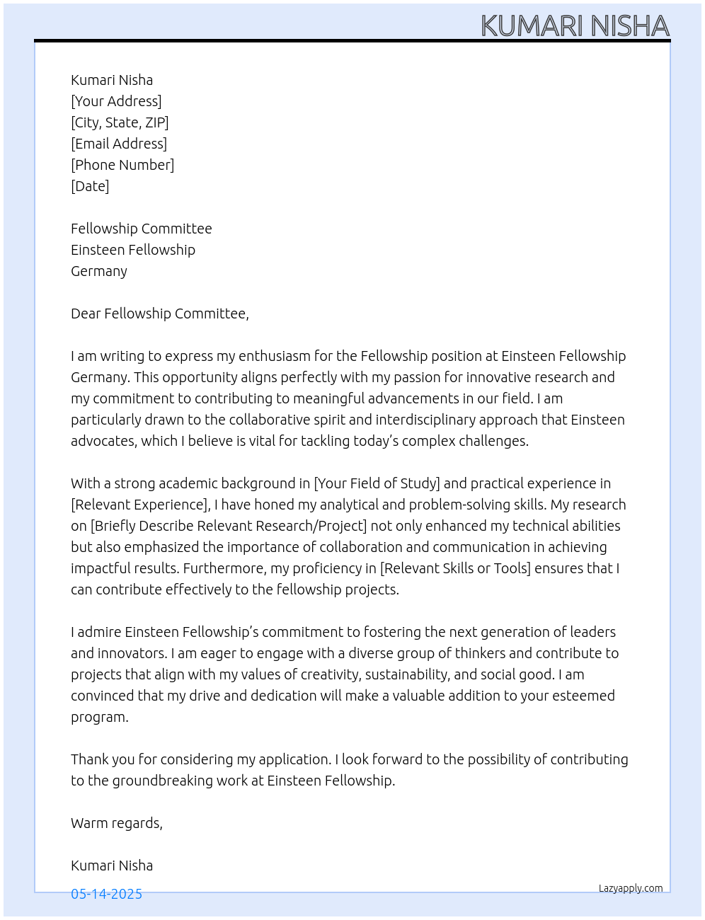 Cover letter for fellowship - LazyApply