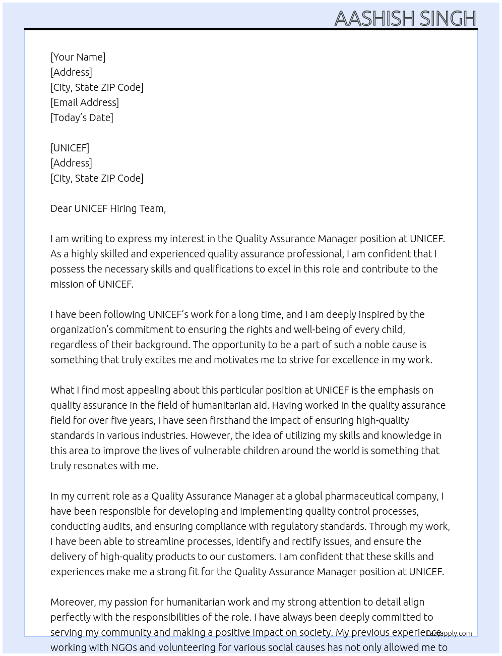 Quality Assurance Manager At UNICEF Cover Letter