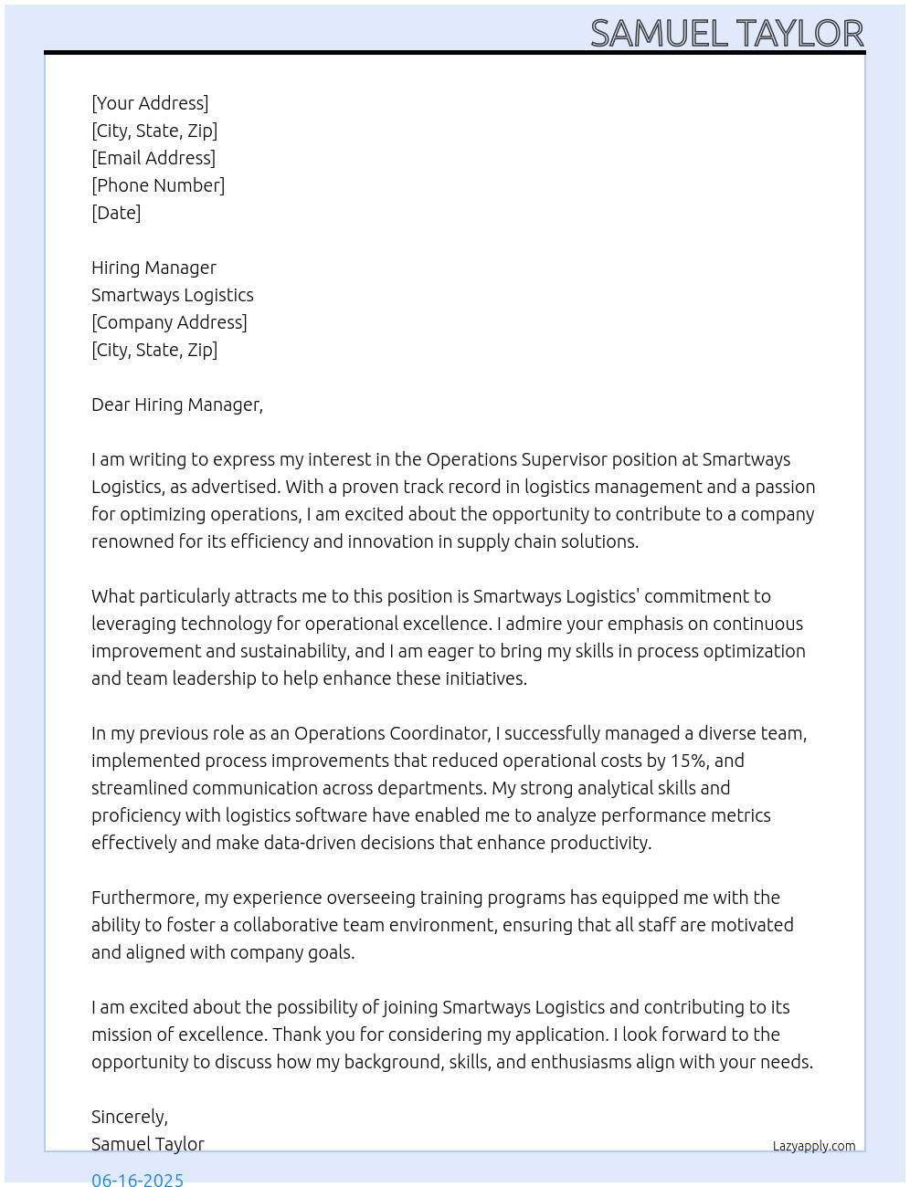 Cover letter for operations supervisor - LazyApply
