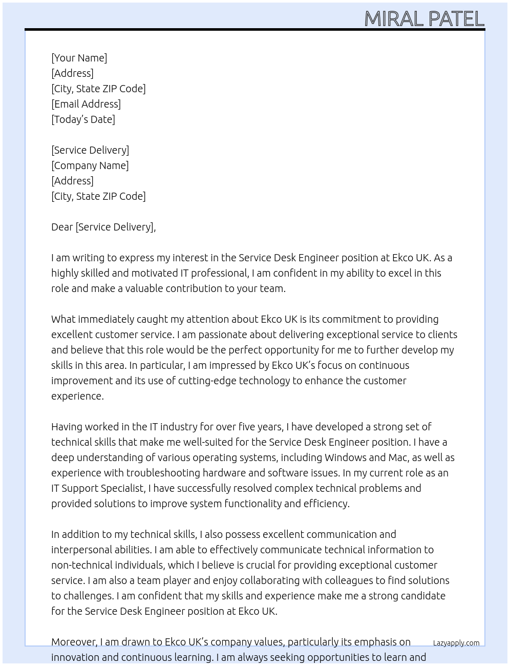 Service Desk Engineer At ekco uk Cover Letter