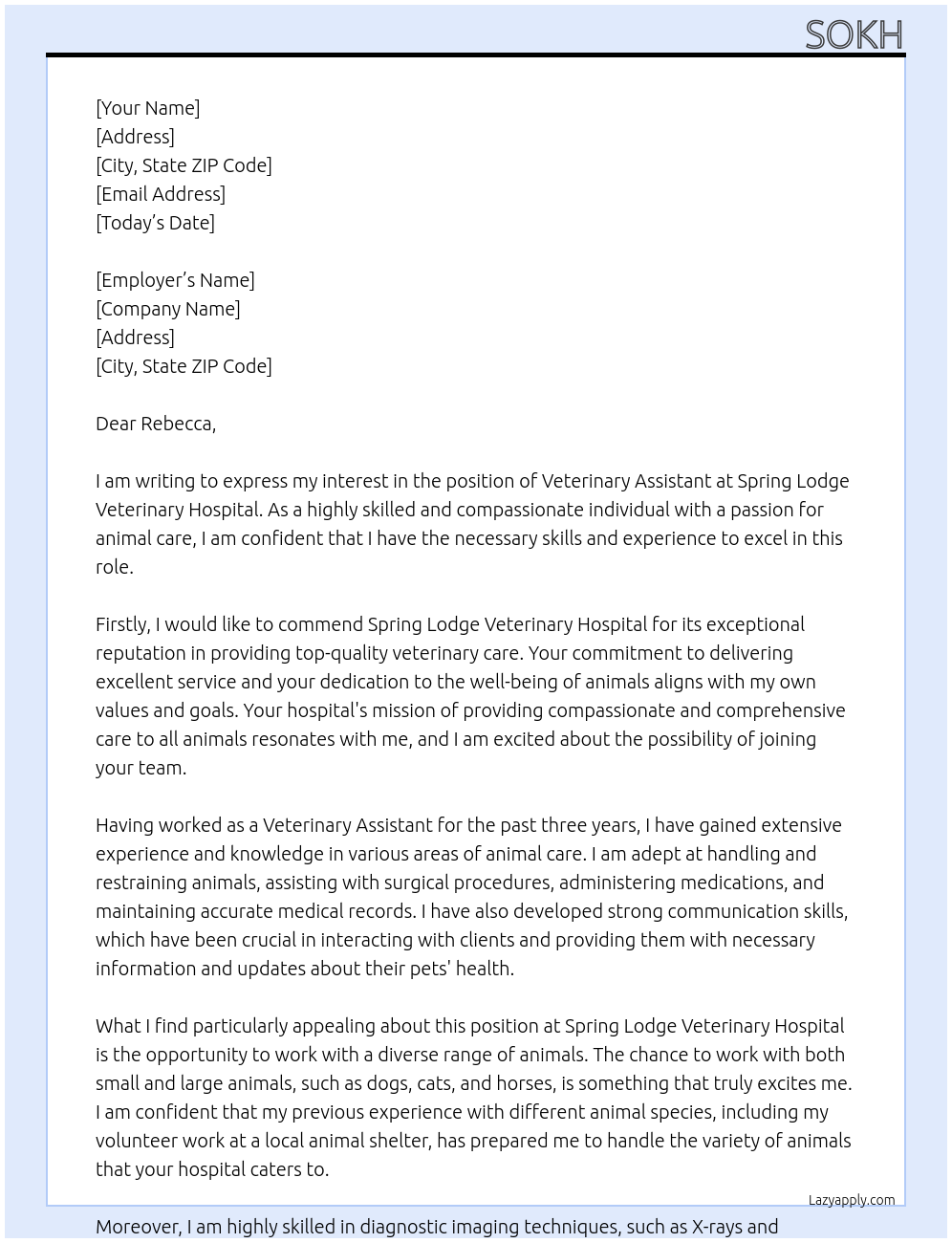 Veterinary assistant At Spring Lodge Veterinary Hospital Cover Letter