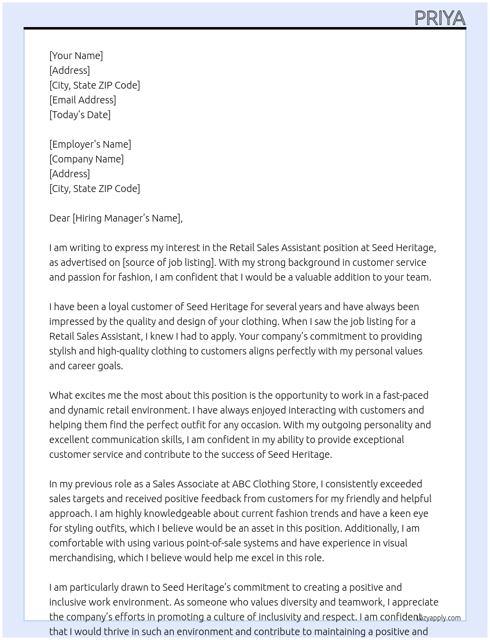 retail sales assistant At seed heritage ( clothing store ) Cover Letter