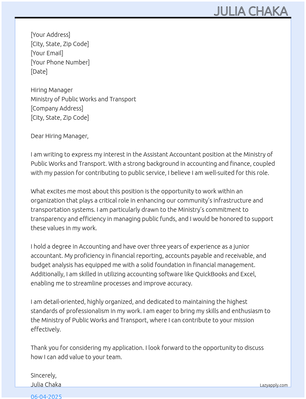 Assistant Accountant At Ministry of Public works and Transport Cover Letter