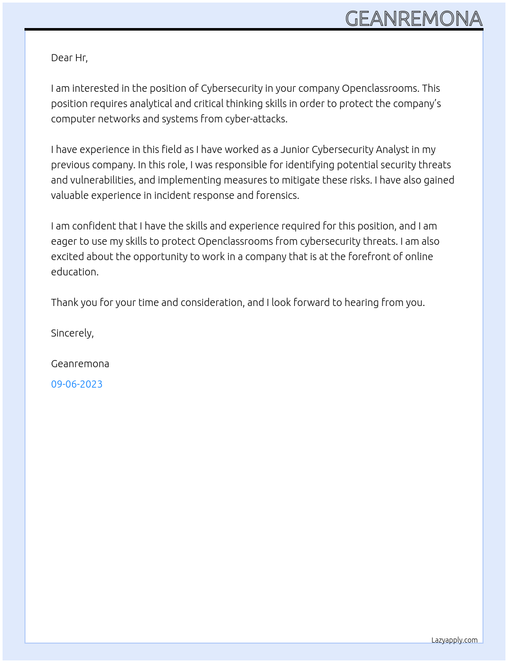 Cybersecurity  At Openclassrooms Cover Letter