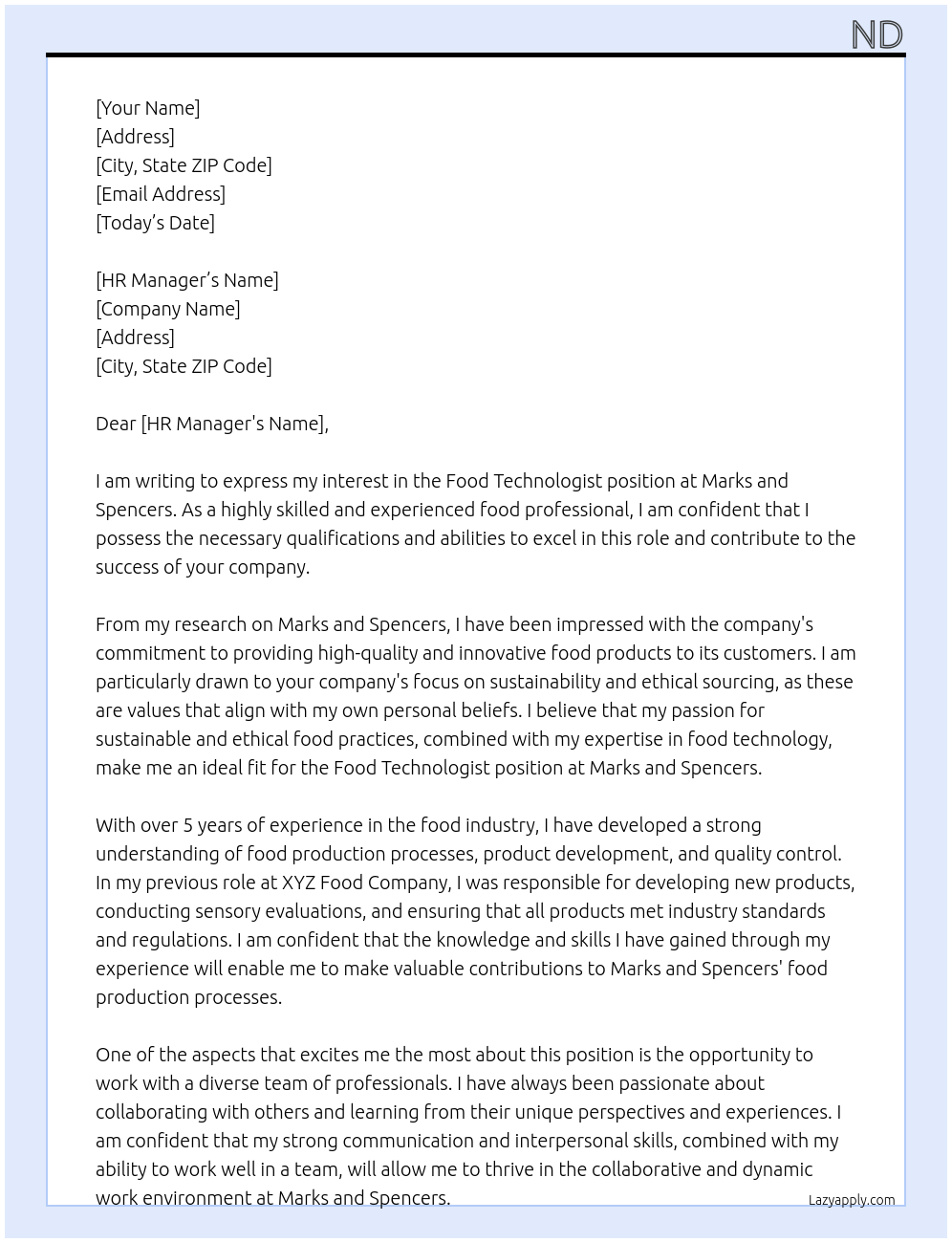 Food technologist At Marks and Spencers Cover Letter