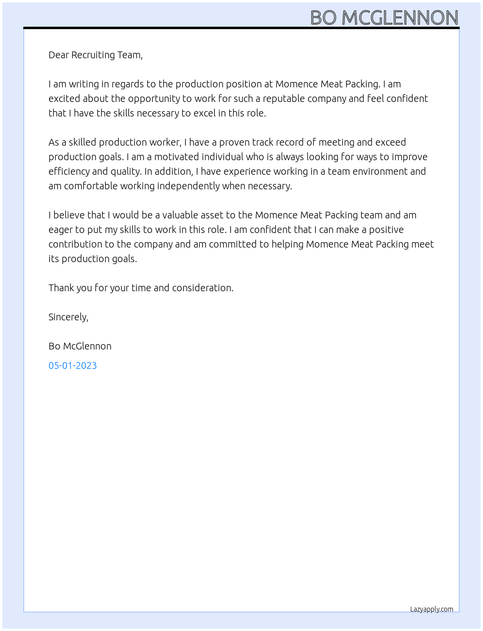 Production At Momence Meat Packing Cover Letter