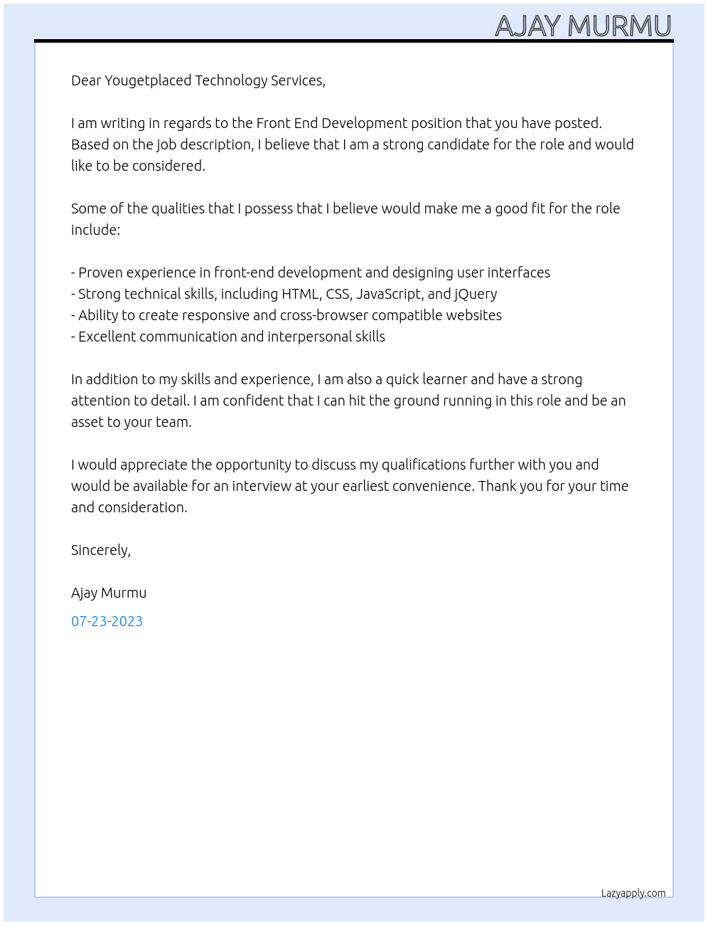 Front End Development At Yougetplaced Technology Services Cover Letter