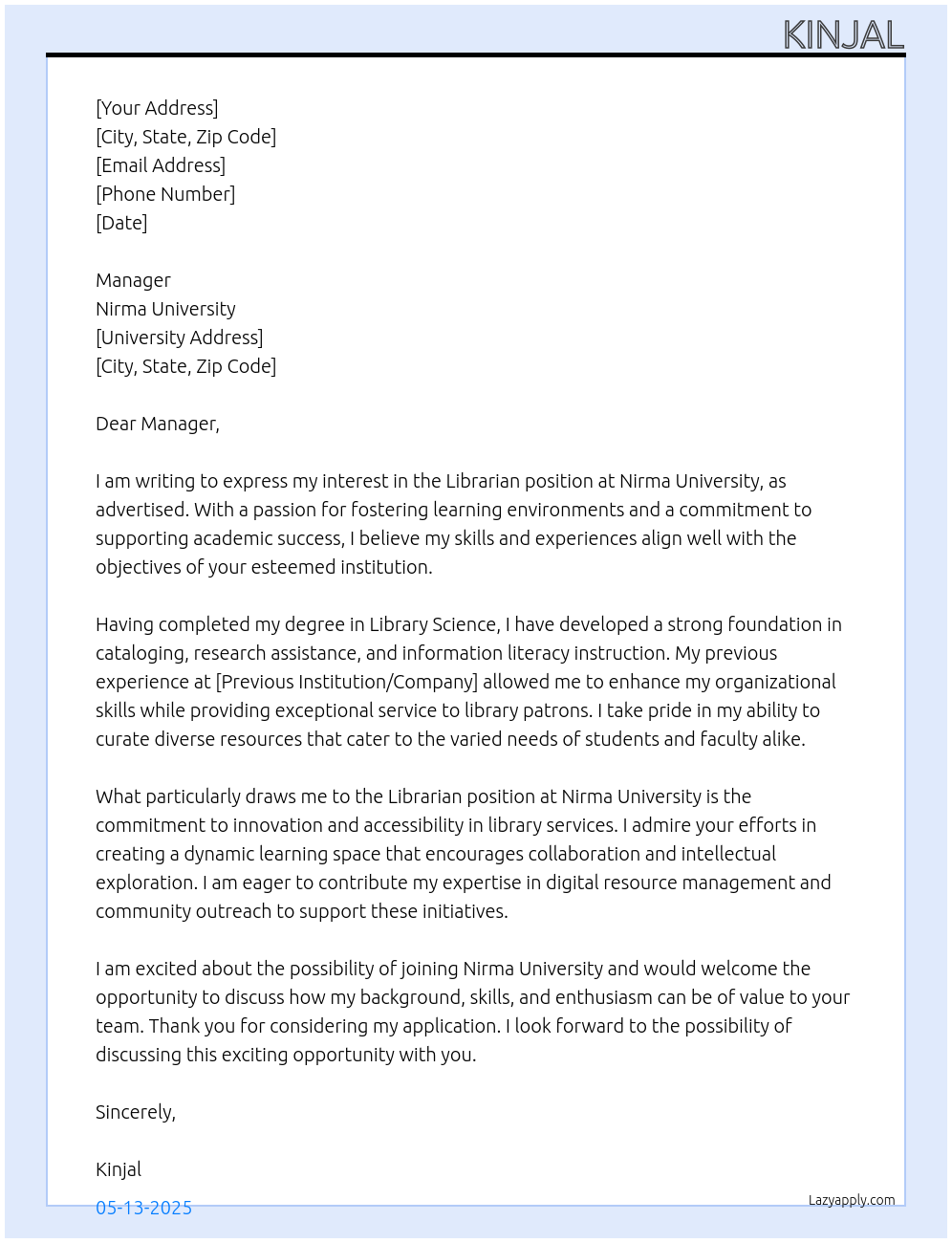 Librarian At Nirma University Cover Letter