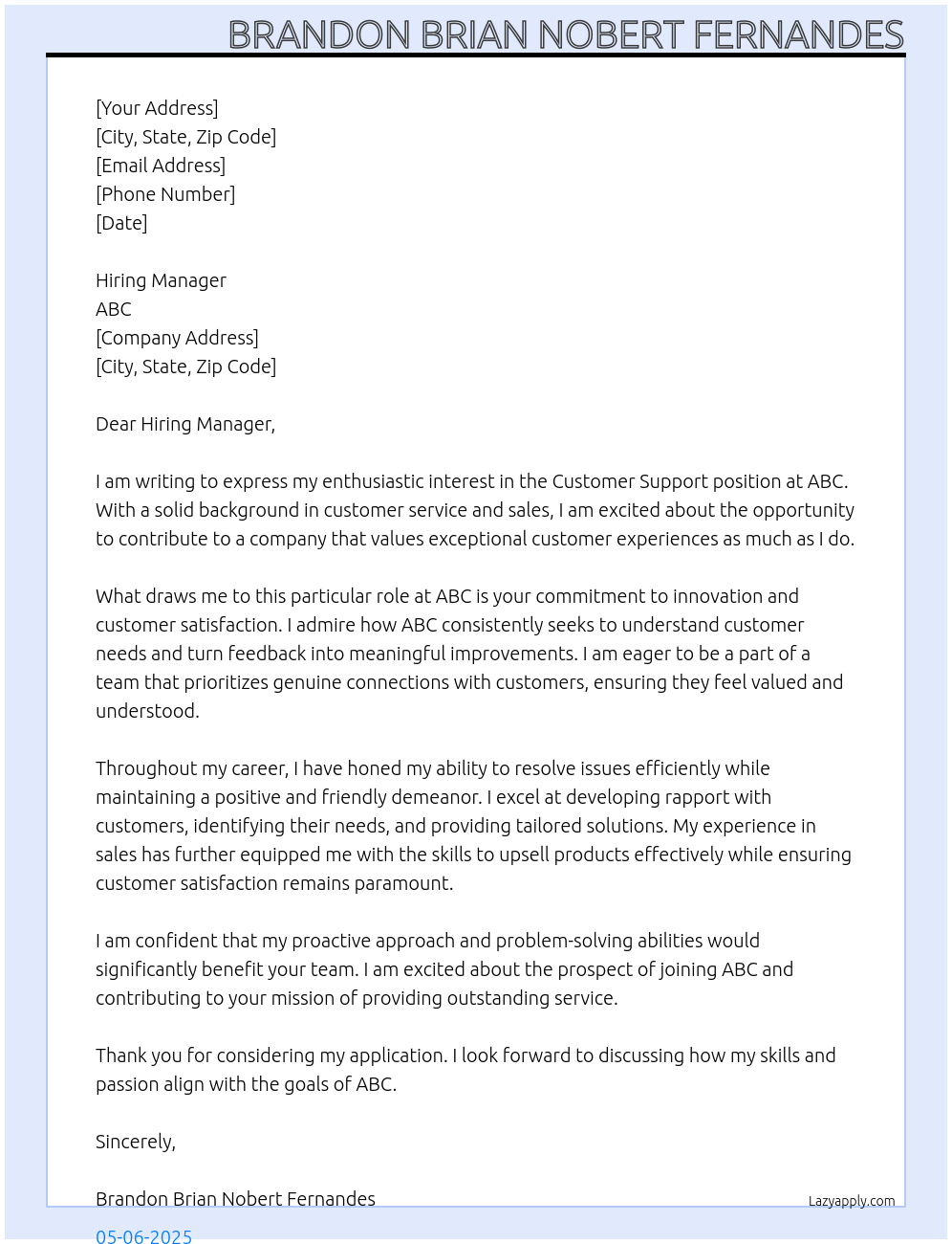 Customer Support At ABC Cover Letter