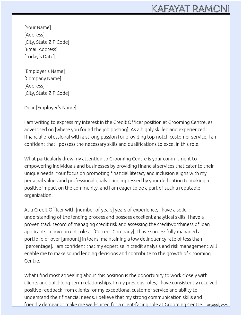 Credit Officer At Grooming Centre Cover Letter