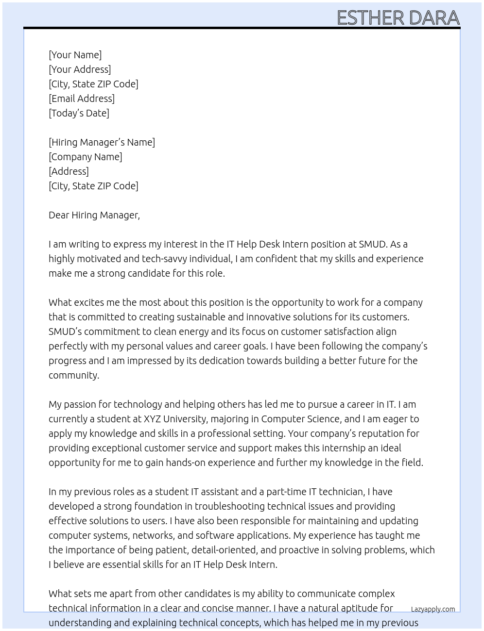 IT Help Desk Intern At SMUD Cover Letter