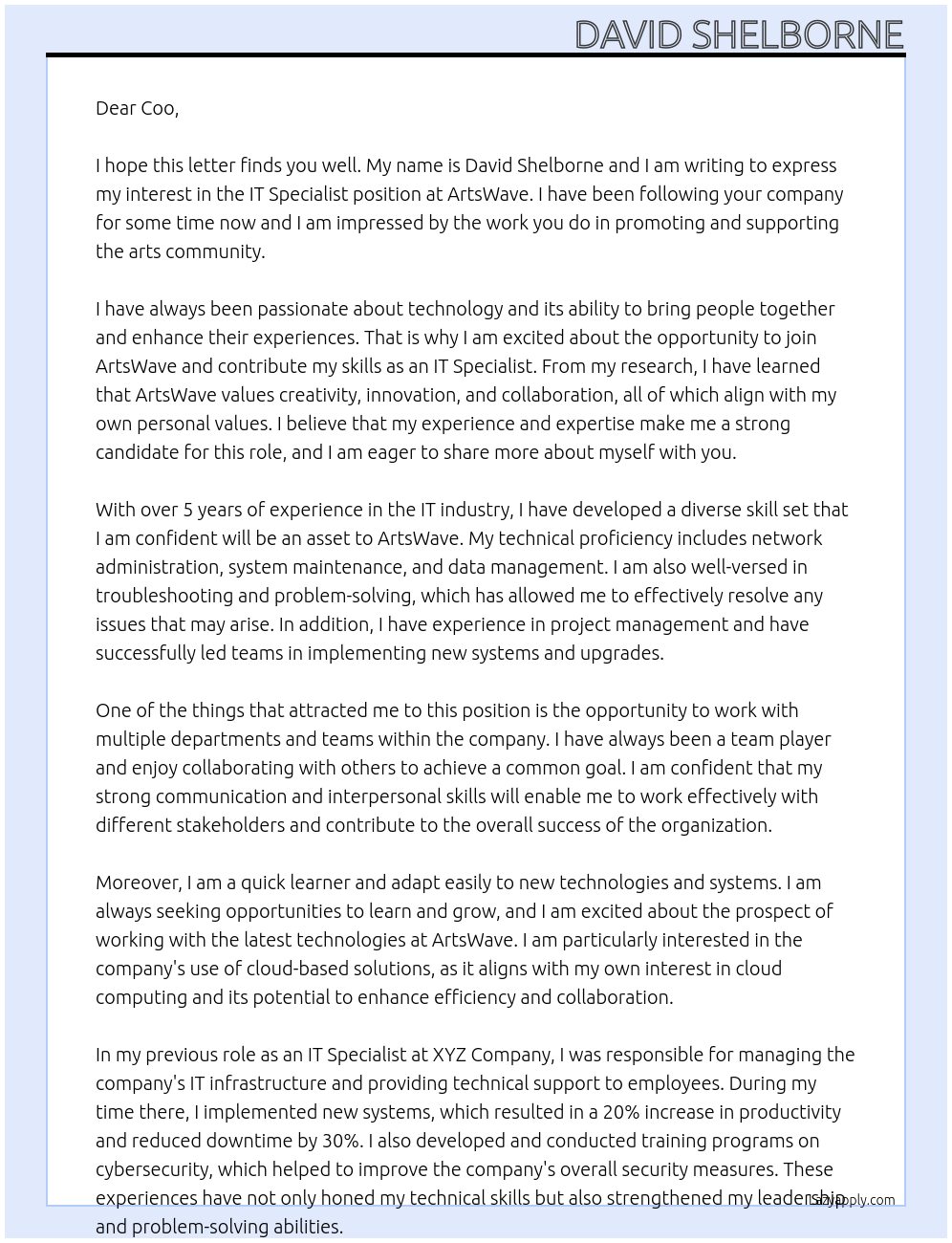 IT Specialist At ArtsWave Cover Letter