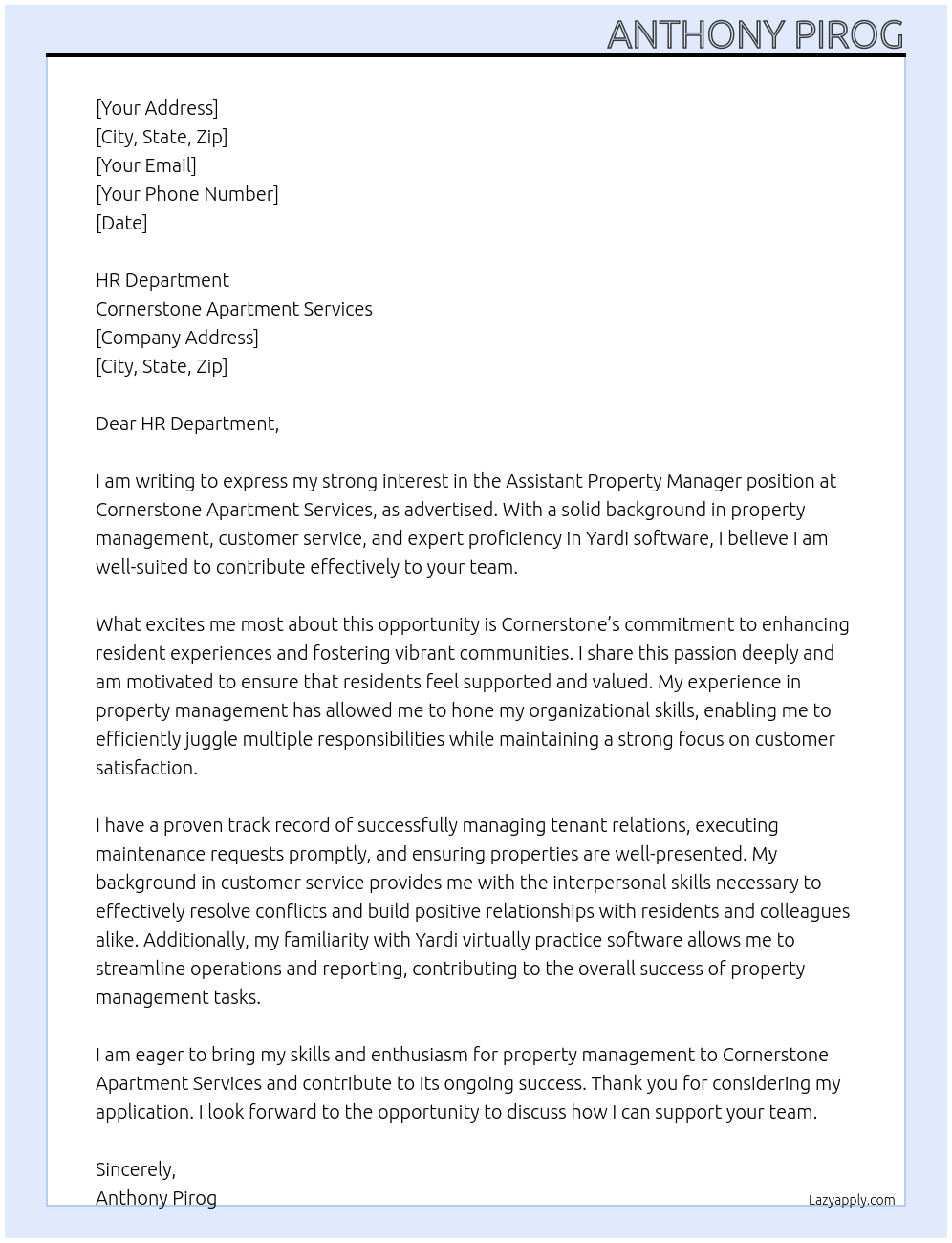 Cover letter for assistant property manager - LazyApply