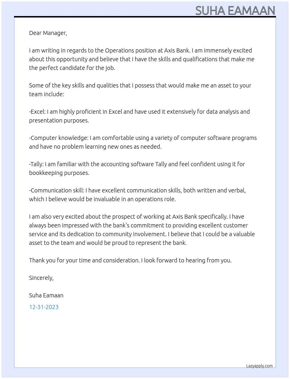 Operations At Axis bank Cover Letter