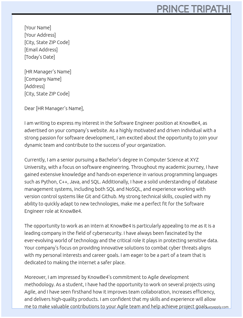 Software Engineer At KnowBe4 Cover Letter