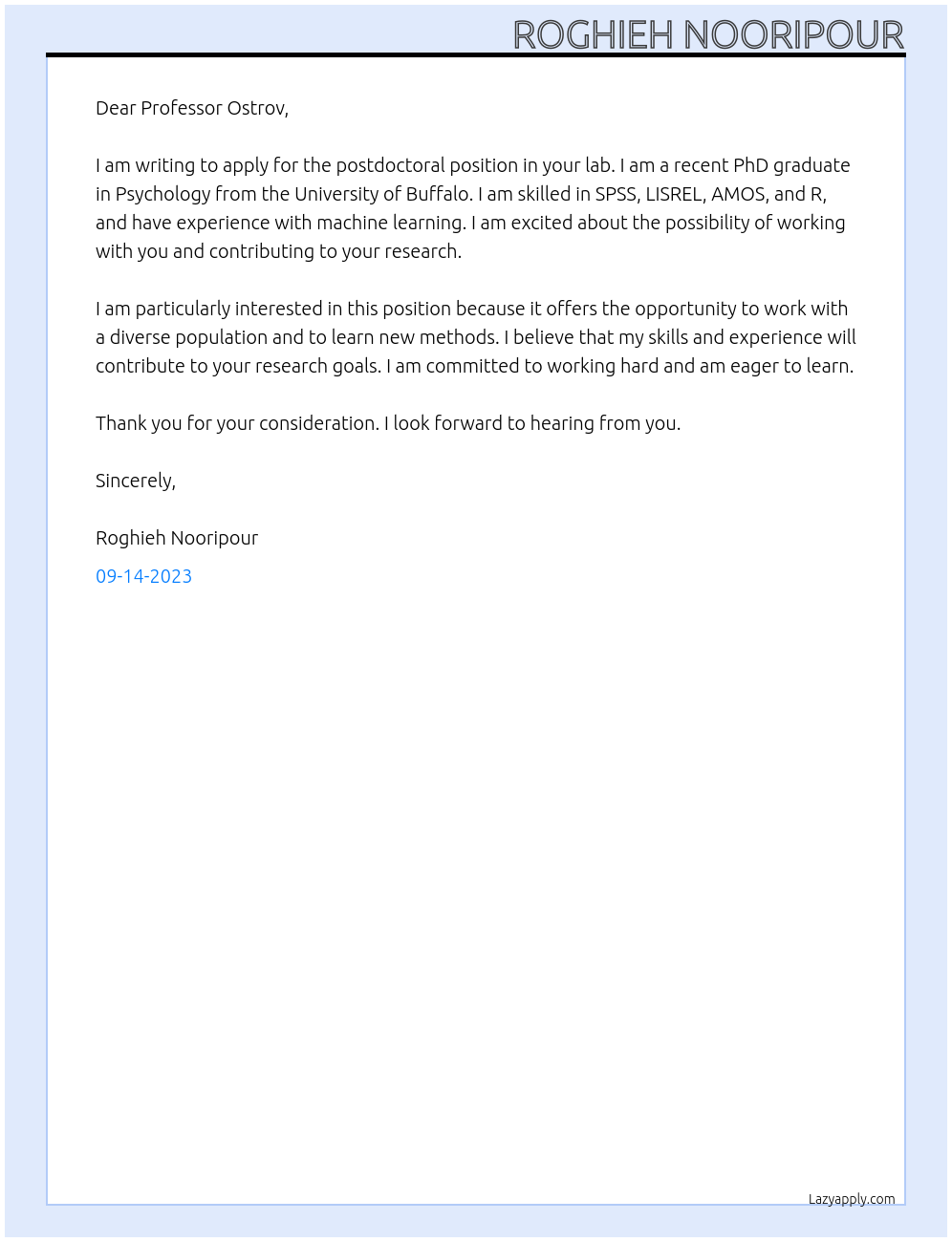 postdoctoral position At Professor of Psychology, University at Buffalo Cover Letter