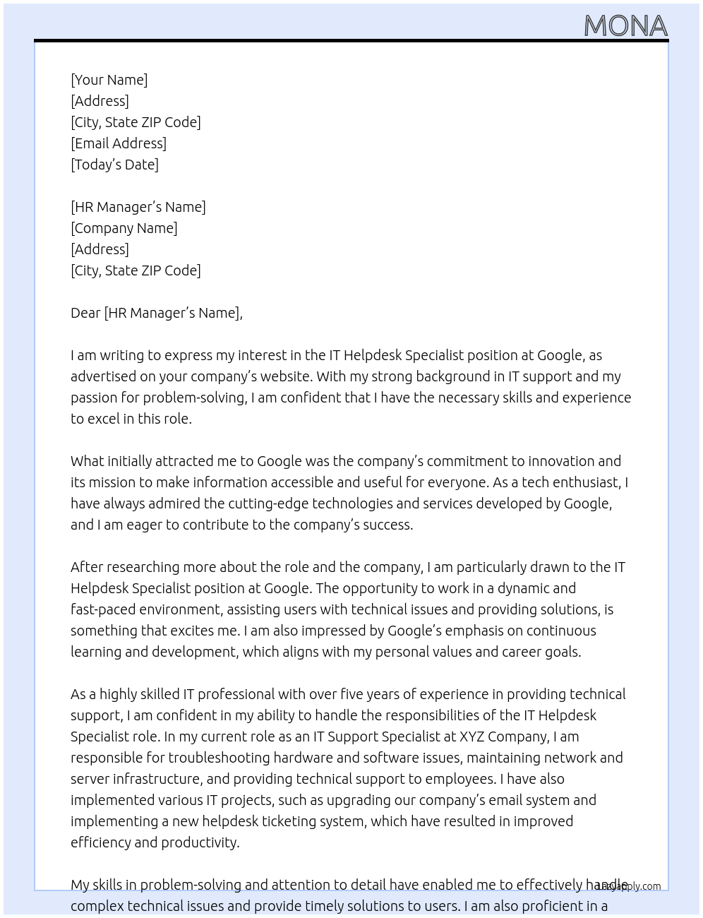 IT Helpdesk Specialist At google Cover Letter