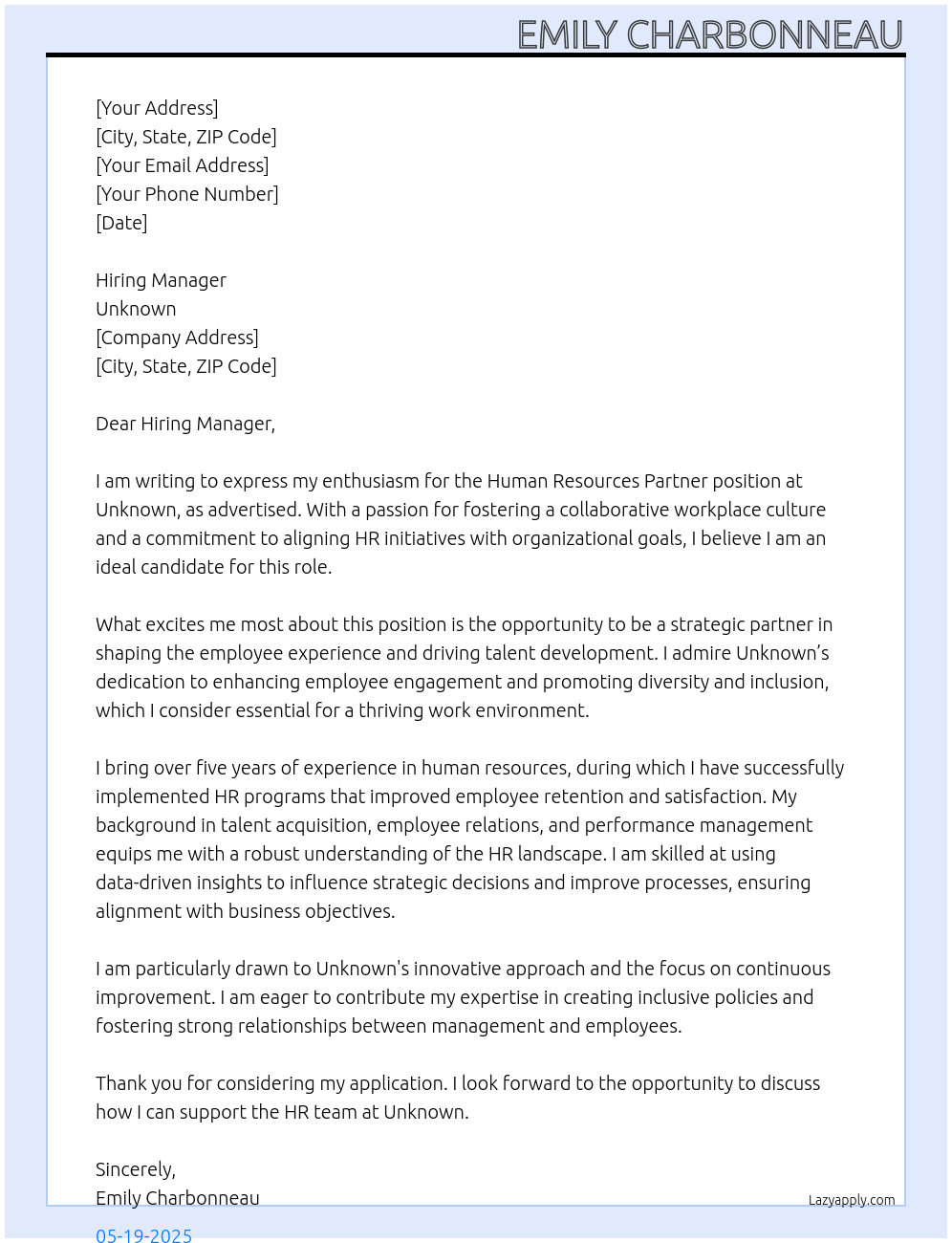 Cover letter for human resources partner - LazyApply