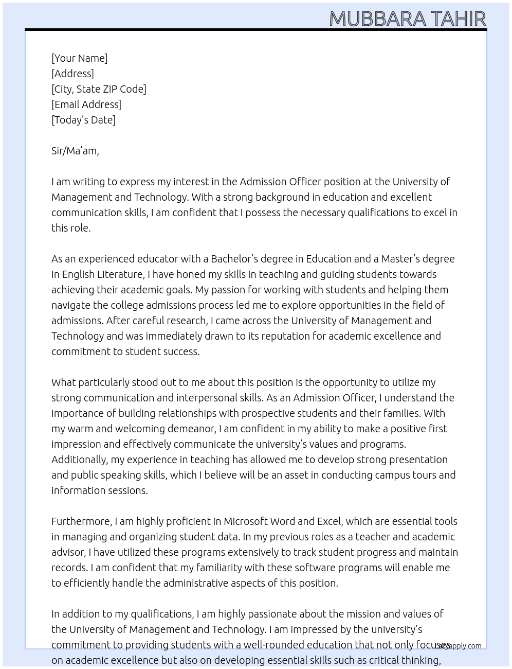 Admission officer At University of management and technology Cover Letter