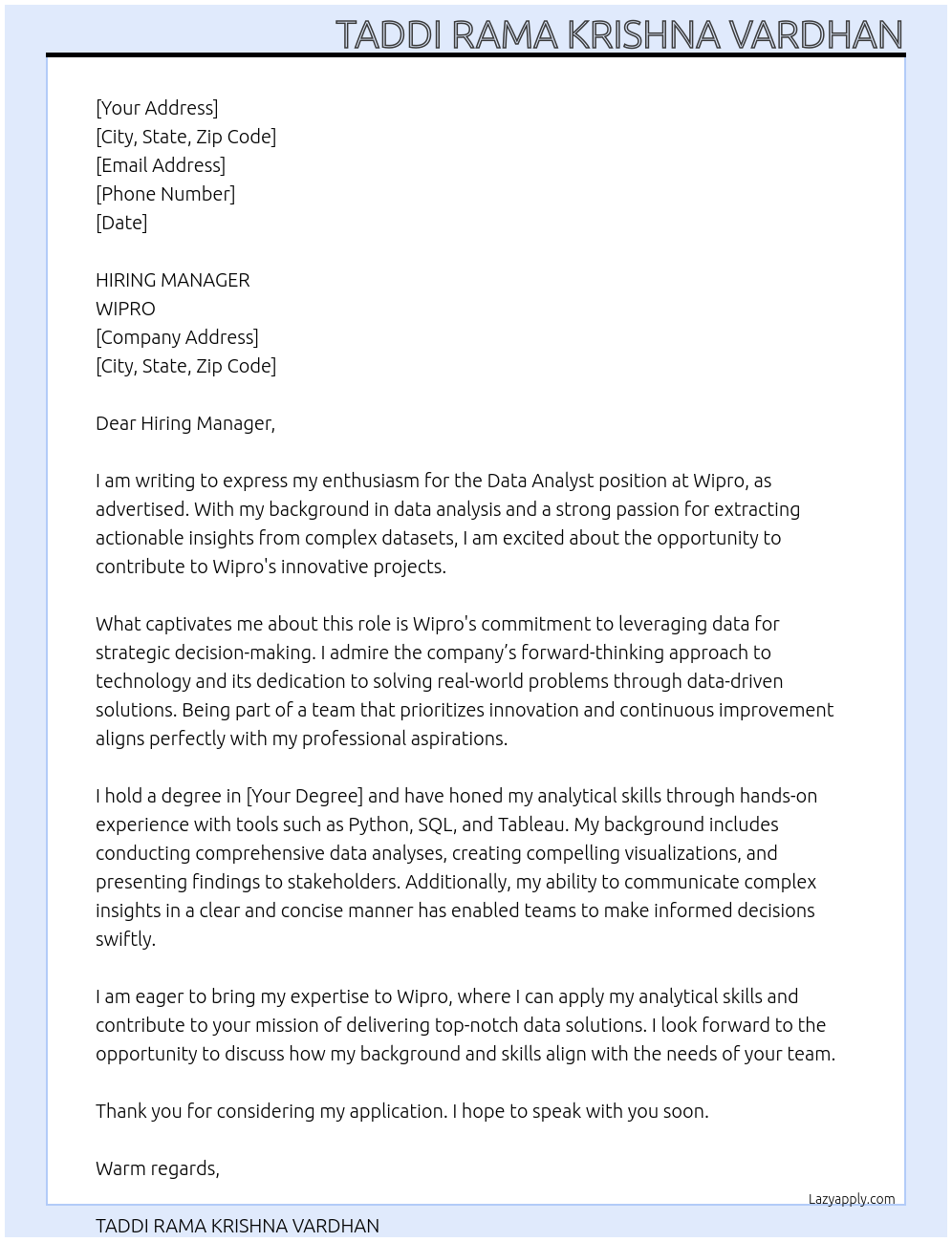 Cover letter for data analyst - LazyApply