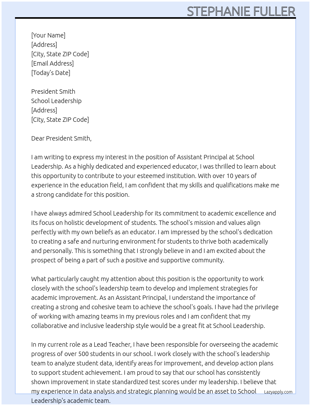 Assistant Principal At School Leadership Cover Letter
