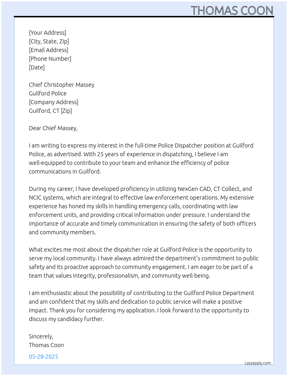 Cover letter for police dispatcher - LazyApply