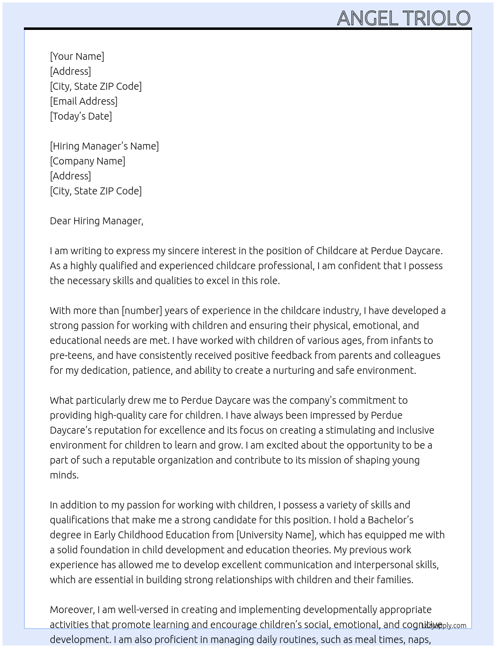 Childcare  At Perdue Daycare Cover Letter
