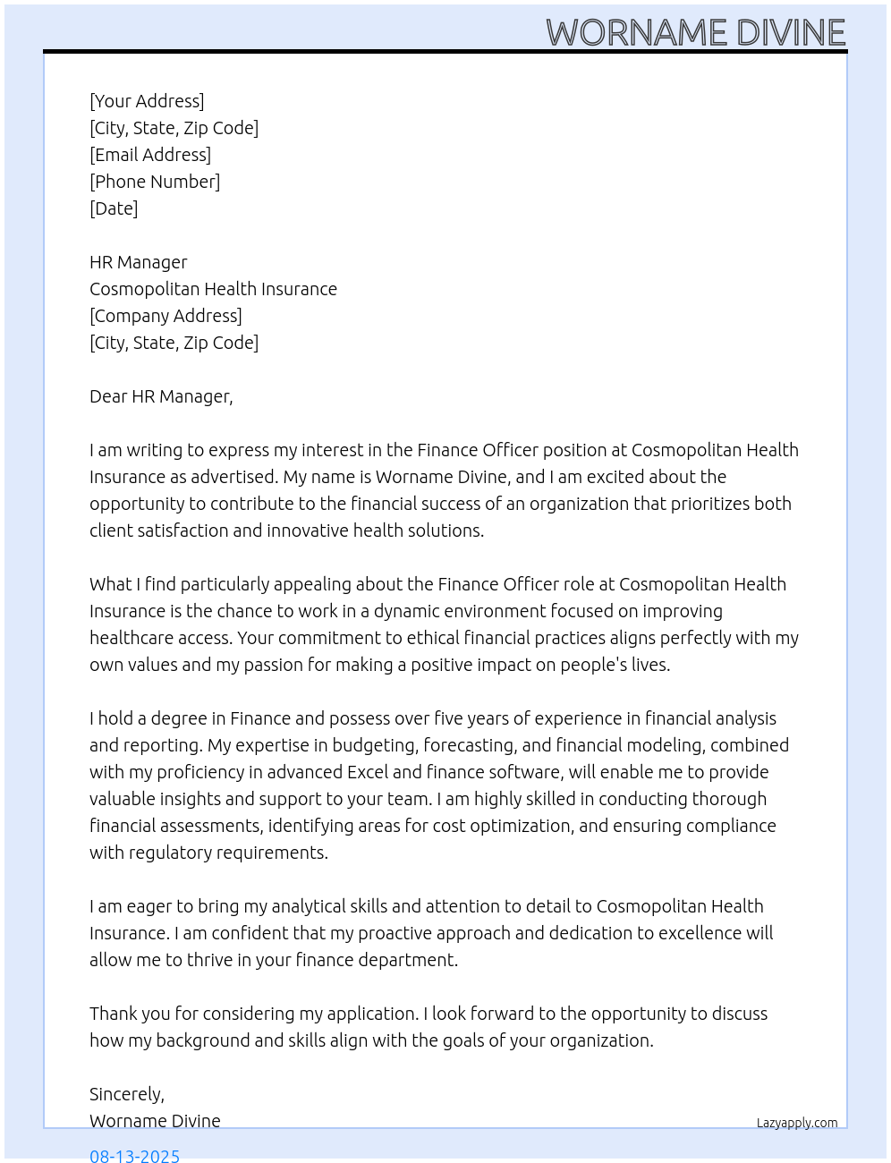 Cover letter for finance officer - LazyApply