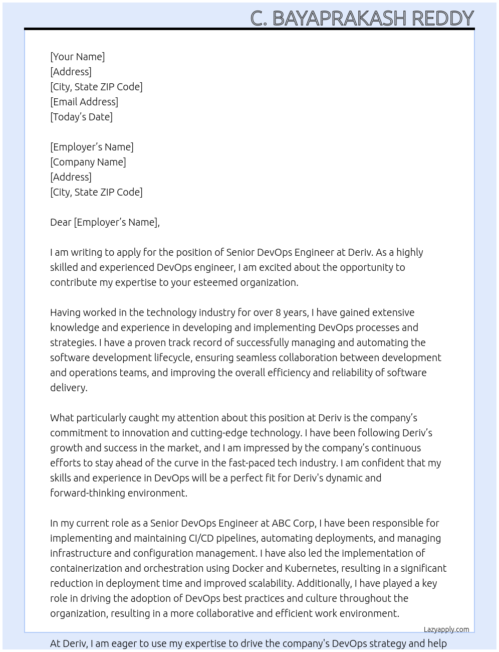 Senior devops engineer At Deriv Cover Letter