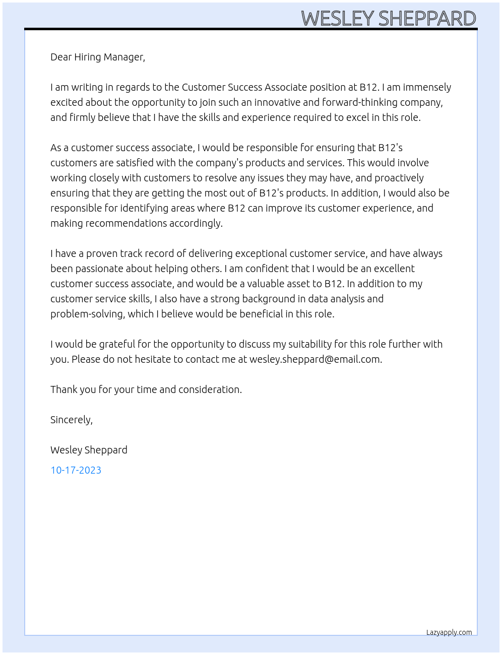  Customer Success Associate  At B12 Cover Letter