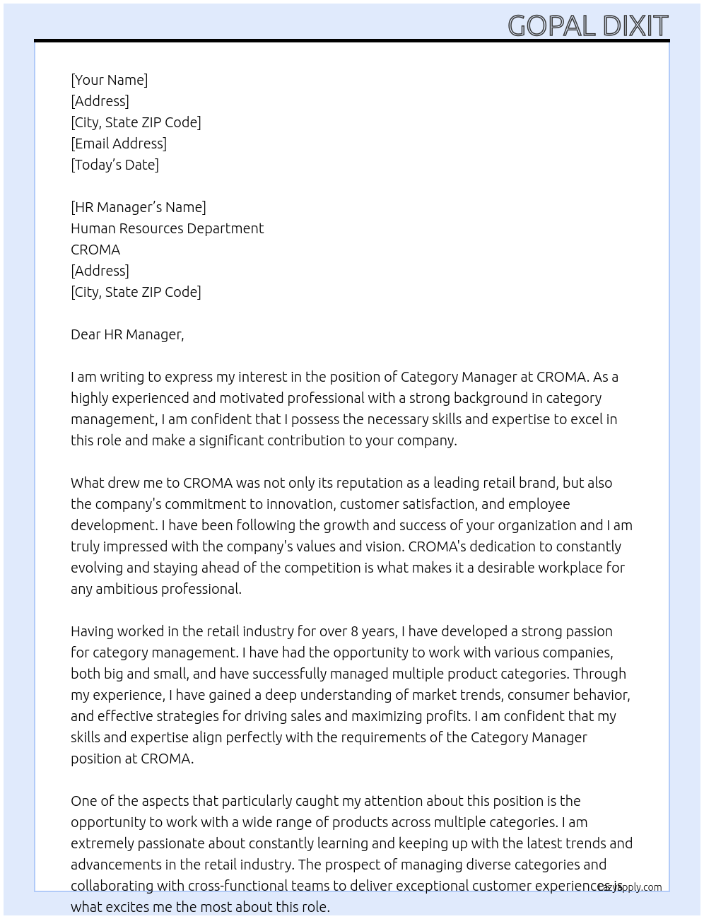 Category Manager At CROMA Cover Letter