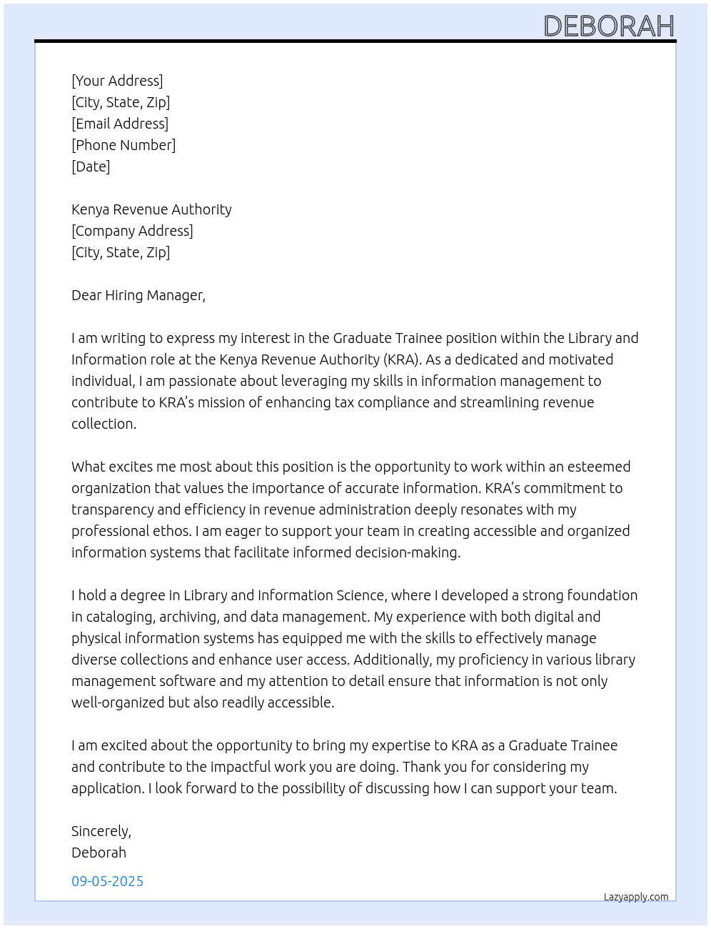 GRADUATE TRAINEE At KRA Cover Letter