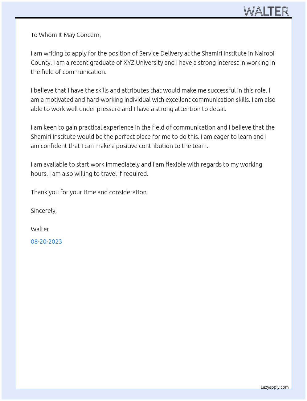 Service Delivery  At Shamiri Institute Nairobi county  Cover Letter