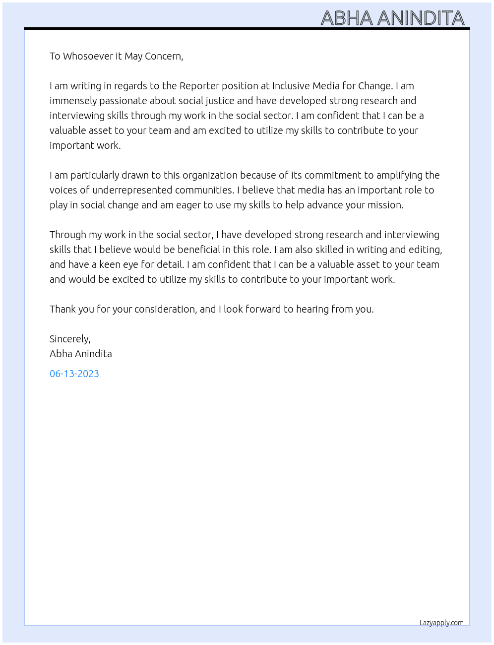 Reporter  At Inclusive Media for Change Cover Letter