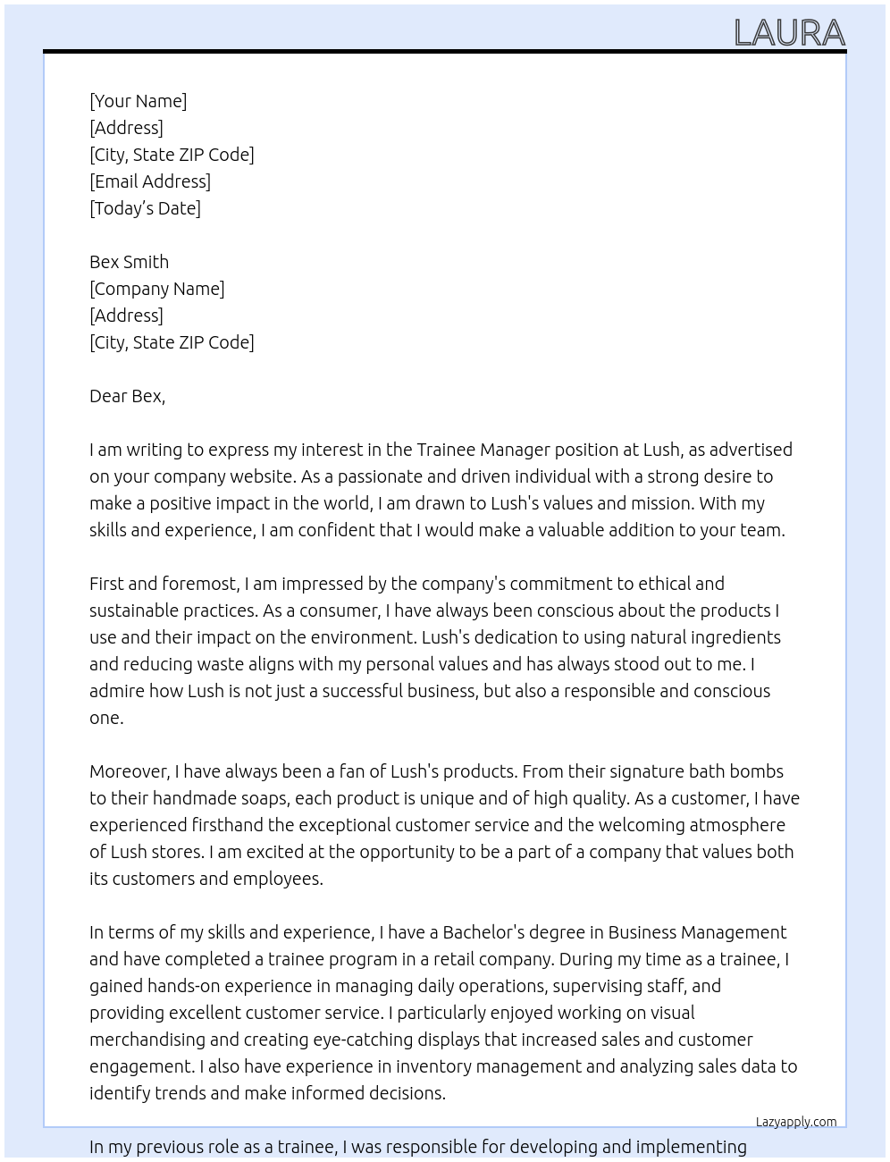 Trainee Manager At Lush Cover Letter