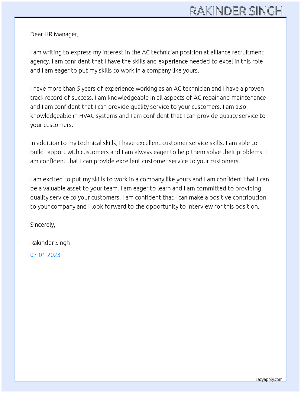 AC technician At alliance recruitment agency Cover Letter