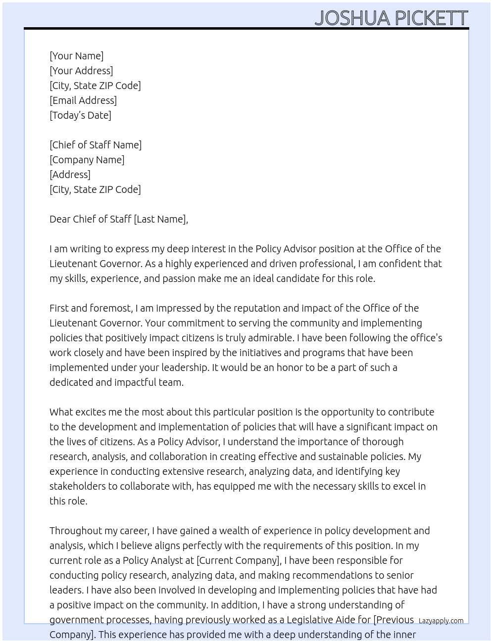 Policy Advisor At Office of the Lieutenant Governor Cover Letter