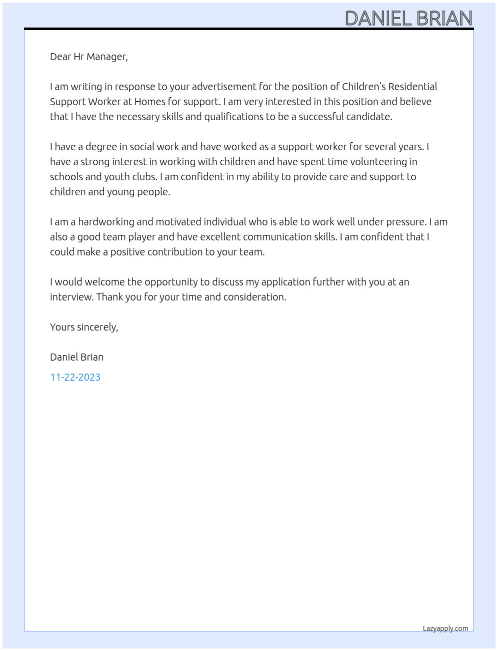 Children’s Residential Support Worker  At Homes for support  Cover Letter