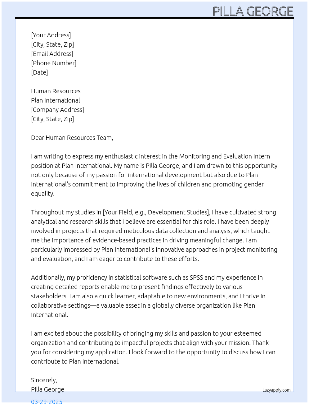 monitoring and evaluation intern At Plan international Cover Letter