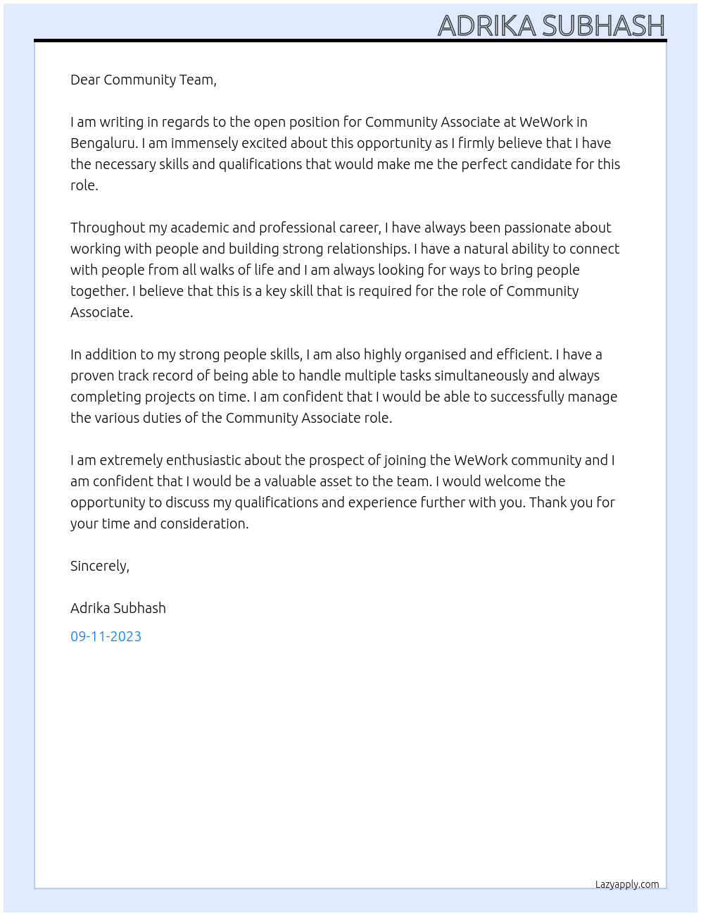 community associate At wework Cover Letter