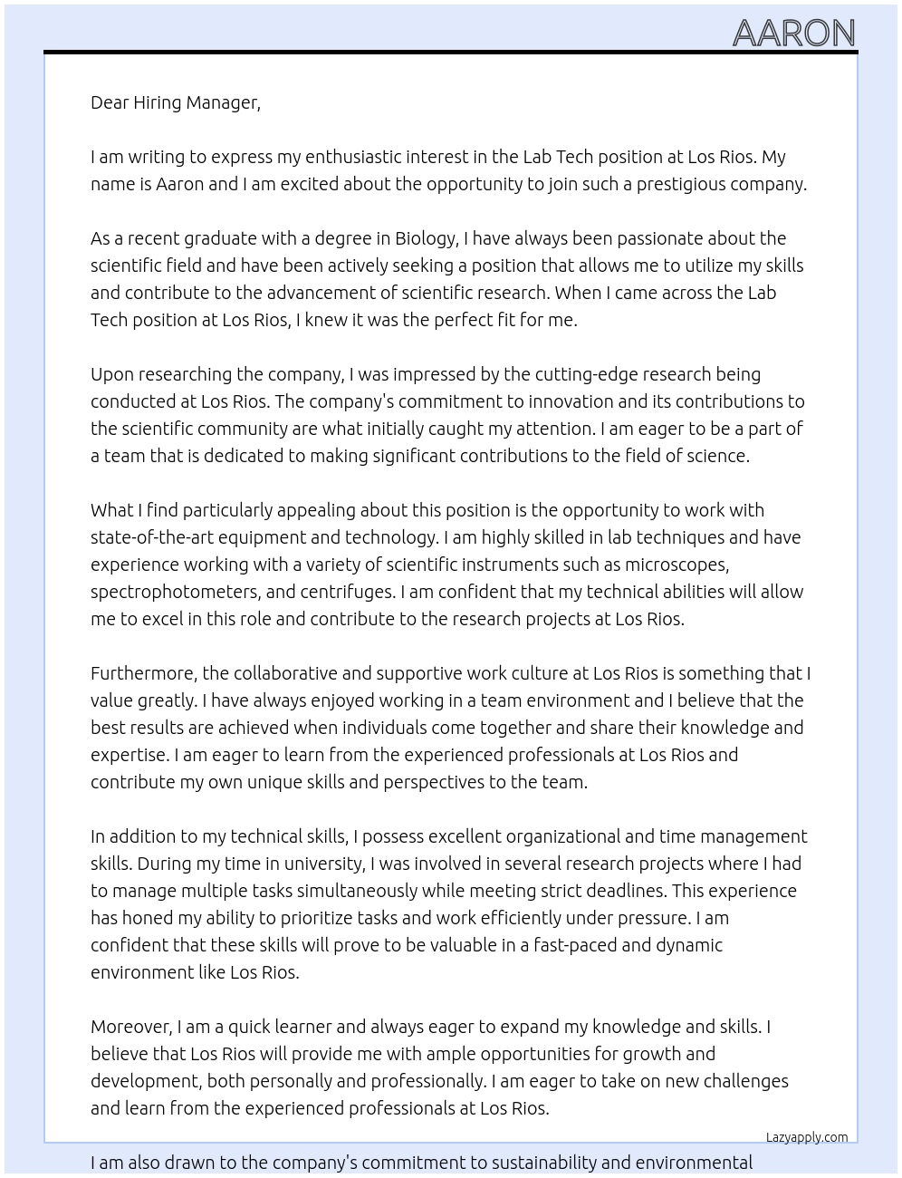 Lab Tech At Los Rios Cover Letter